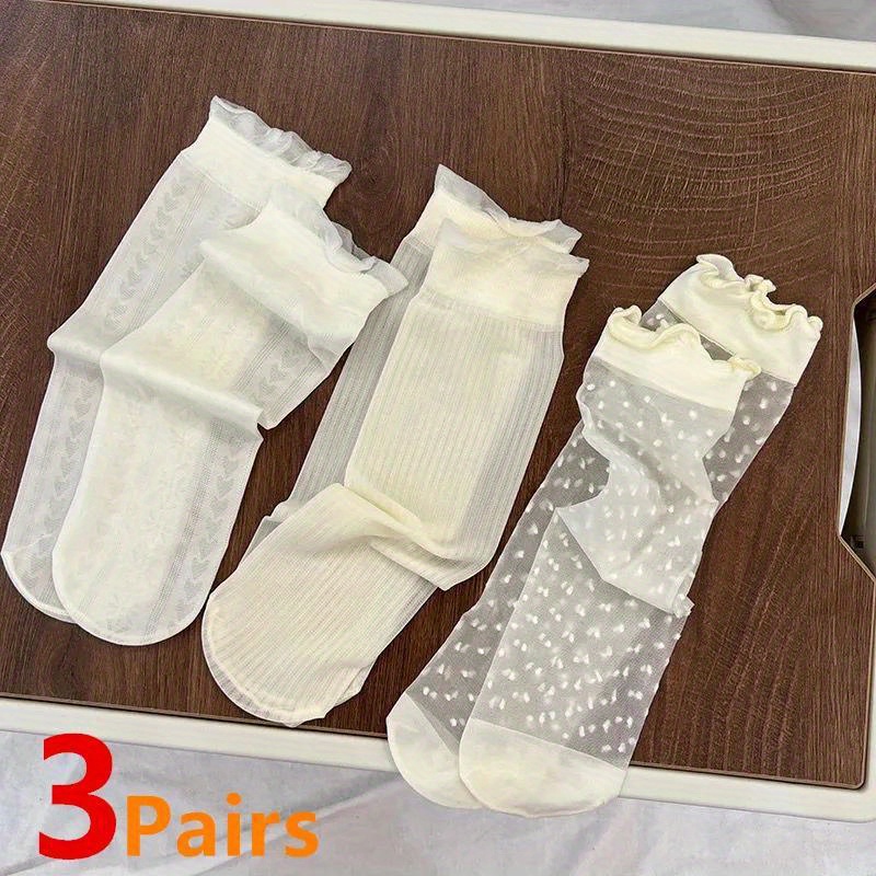 Image of 3/ 6 Pairs Of Women's Summer Ultra-thin Lace Stockings, Striped Heart-shaped Ice Stockings, White Transparent Thin Crystal Stockings