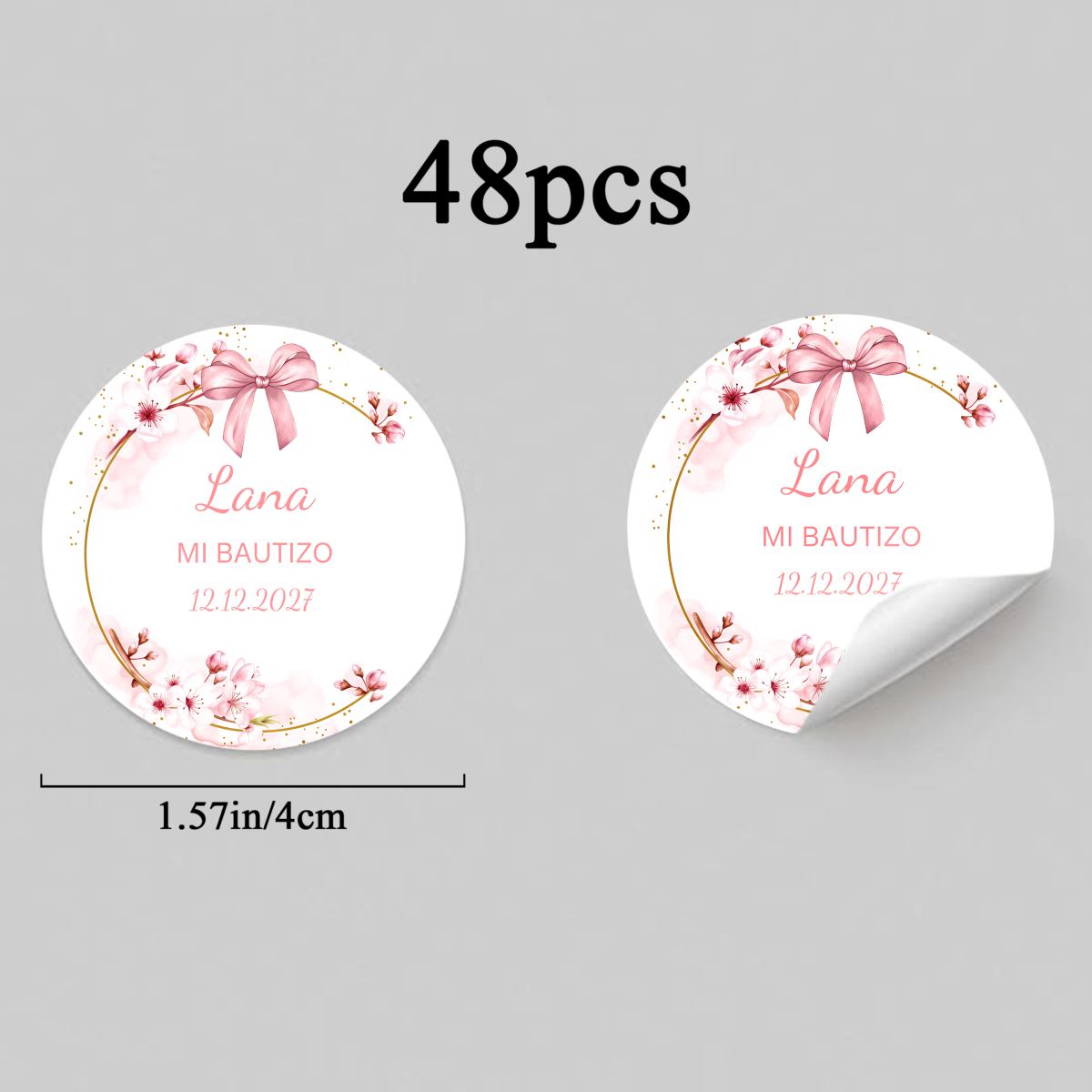 TEMU 24pcs/48pcs Personalized Custom Cherry Stickers Suitable For Baptism Wedding Birthday Party Decorations - Pink Floral Round Labels With Ribbon