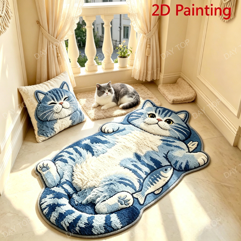 TEMU 1pc Faux Imitation Cashmere Suitable For Bedroom/bathroom/balcony - Irregular Shaped Blue Cat Rug With Lying Cat Holding , Anti-slip Floor Mat,