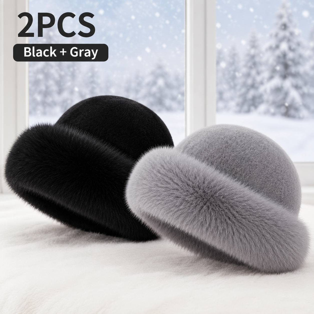 TEMU 2pcs Winter Women's Outdoor Hats - Plush Round Top Black Gray 2pcs Set Thick Warm Casual Versatile Hat, Soft Comfortable, Gift For Winter