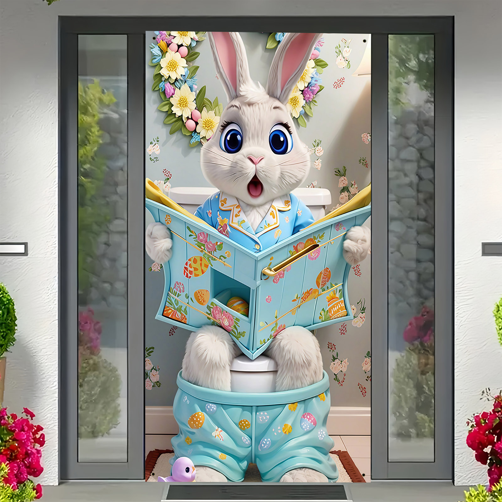 

35x70 Inch Easter Bunny Polyester Banner, Indoor & Outdoor Spring Decoration, Fit, With Newspaper-reading Rabbit Design, For Garden, Room, Entryway, Theme Party Decor, Holiday & Universal