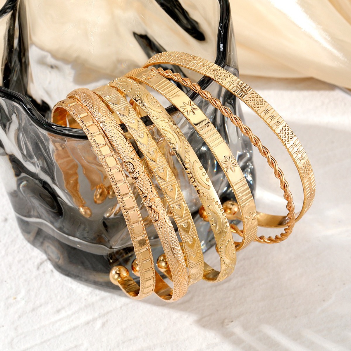 7pc Stylish Engraved Open Bracelet Set