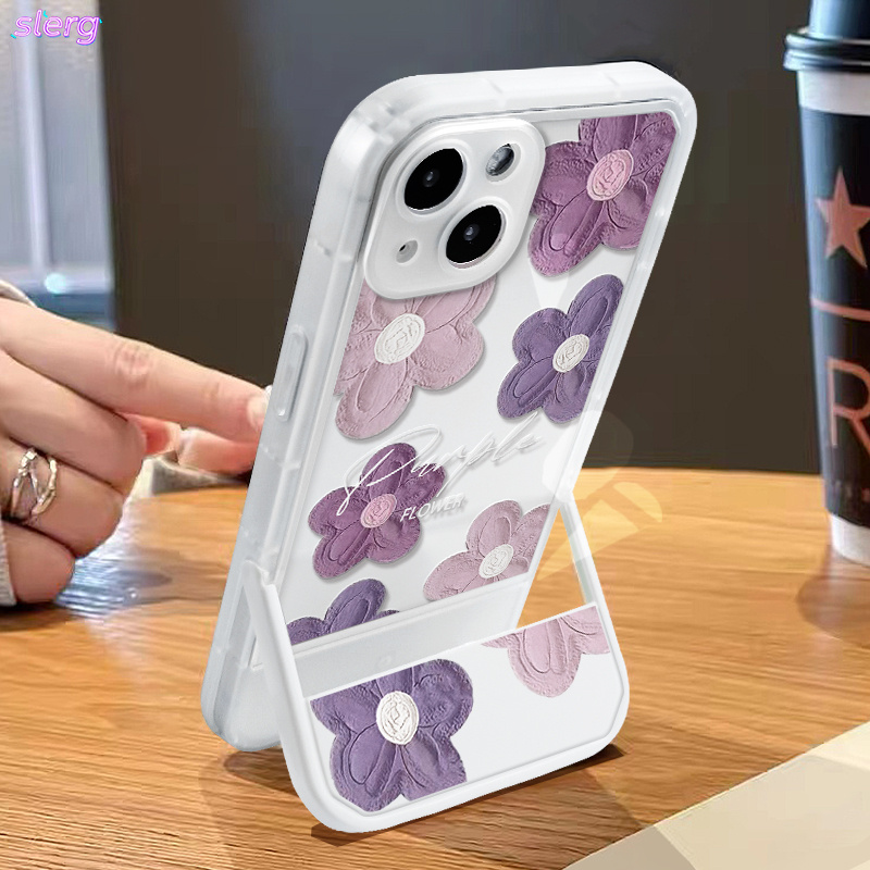 TEMU Phone Case: Milky White Frame With Purple Floral Phone Case, Featuring A Built-in Invisible Kickstand For Drop Protection. Gentle Instagram-.