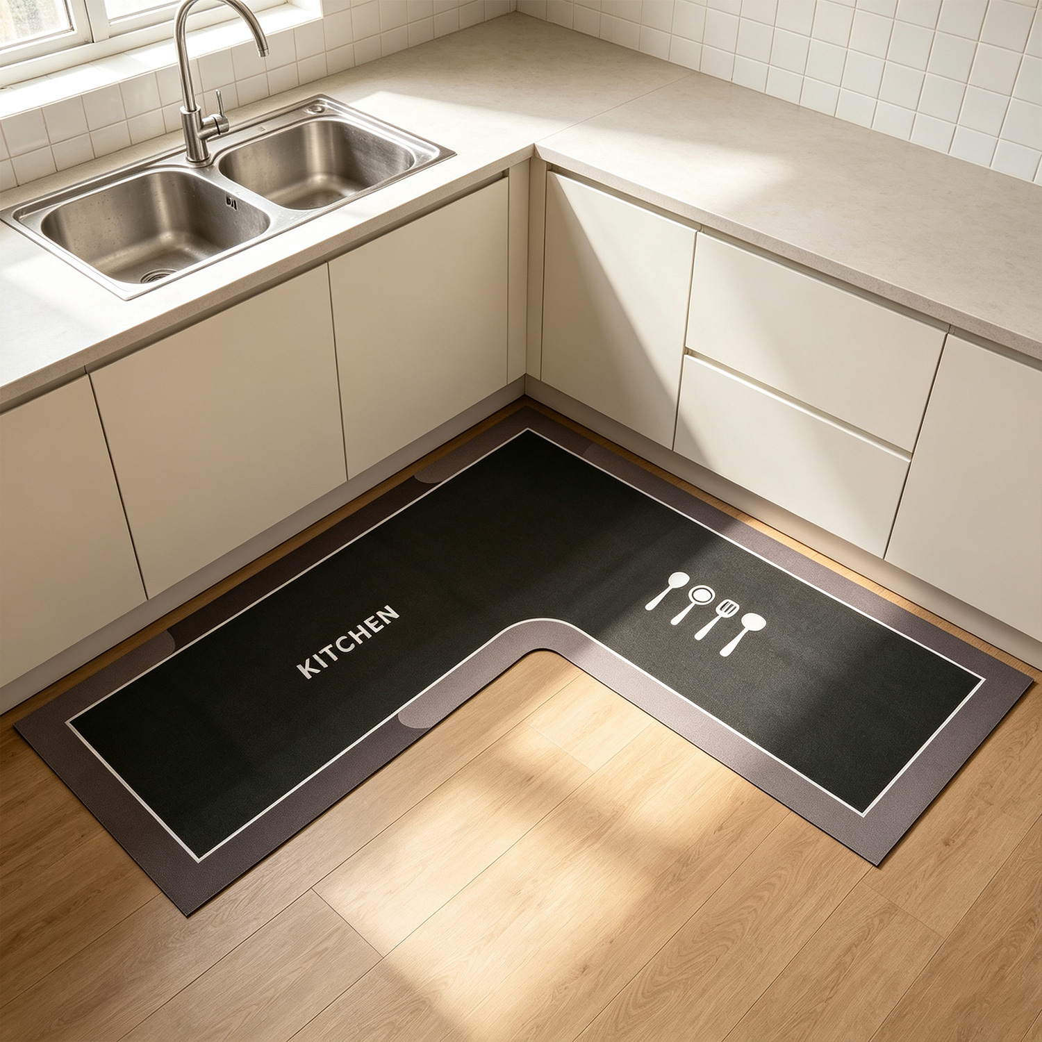Image of L-shaped Kitchen Mat Set, 120 × 120cm Anti-slip Kitchen Floor Mat, Perfectly Into Kitchen Sink Corners, Suitable For Kitchen Sink Corners, Laundry Rooms, And Kitchens