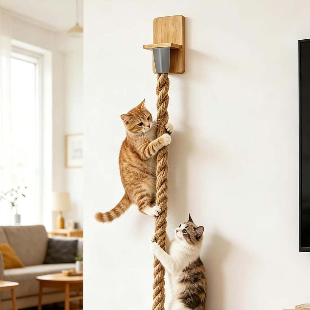 TEMU 1. Wall-mounted Cat Climbing Rope With Jute Material, Scratch-resistant Design And Hardwood Brackets For Indoor And Outdoor Use, Promotes