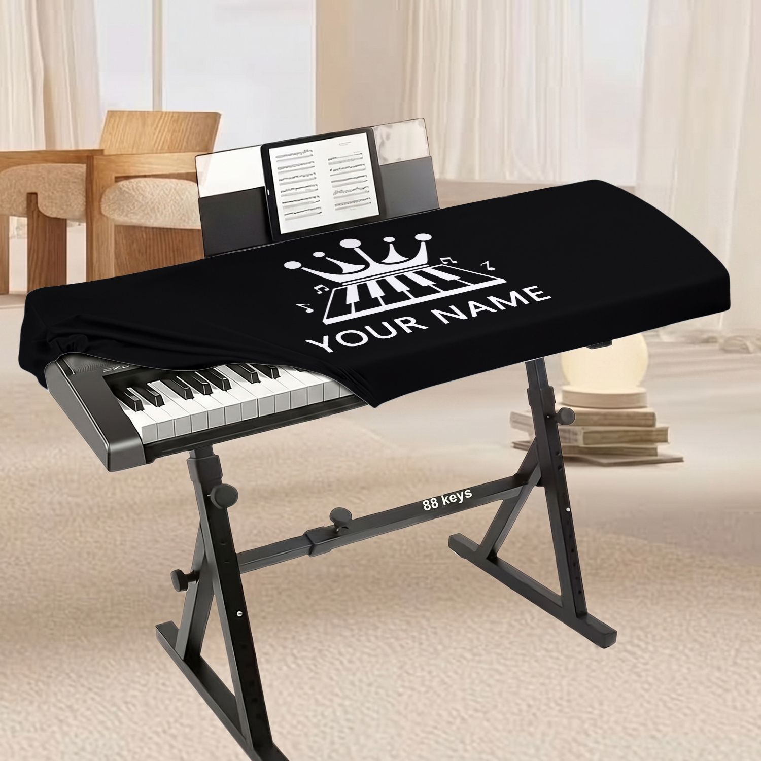 TEMU (customizable) 1pc, Customizable Name/text Electronic Piano Cover, And , Piano Key And Note Pattern Print, Suitable For 61/76 Keys, 88 Keys,