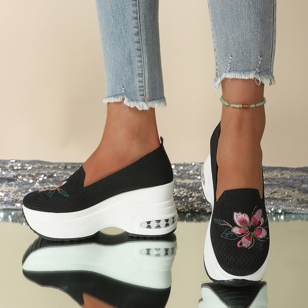 TEMU Slip-on Shallow Mouth Floral Platform Shoes Women's Wedge 8cm Height Increasing Casual Sports Shoes, Women Shoes, Sneakers