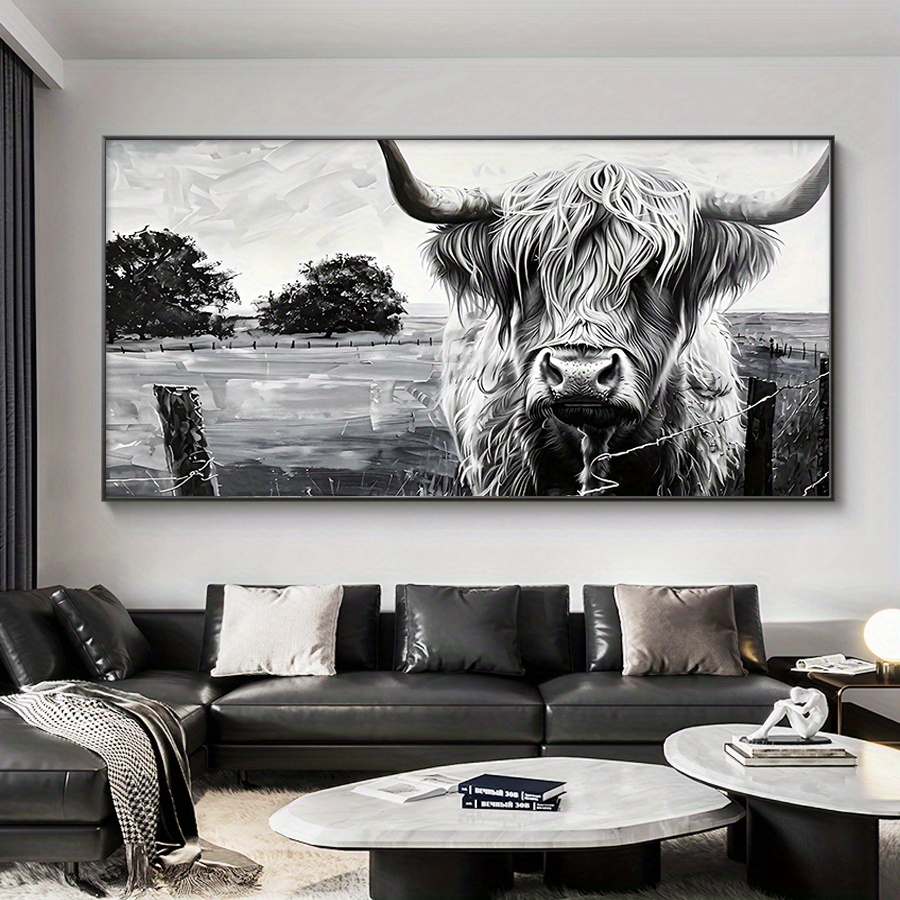 TEMU Peinture sur toile Vache Highland extra large 2D plate | 27.55x55.12 pouces Art mural de ferme, Affiche de décoration de moderne adaptée , à , -