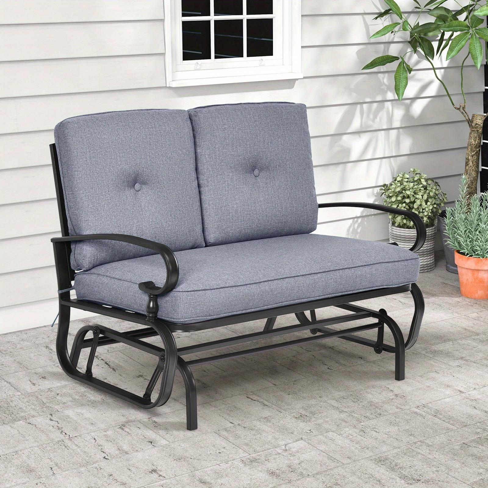   heavy duty outdoor glider rocking   person patio swing loveseat with cushioned seat 440lb capacity grey for porch garden backyard deck all weather   fabric sturdy metal frame outdoor glider chair
