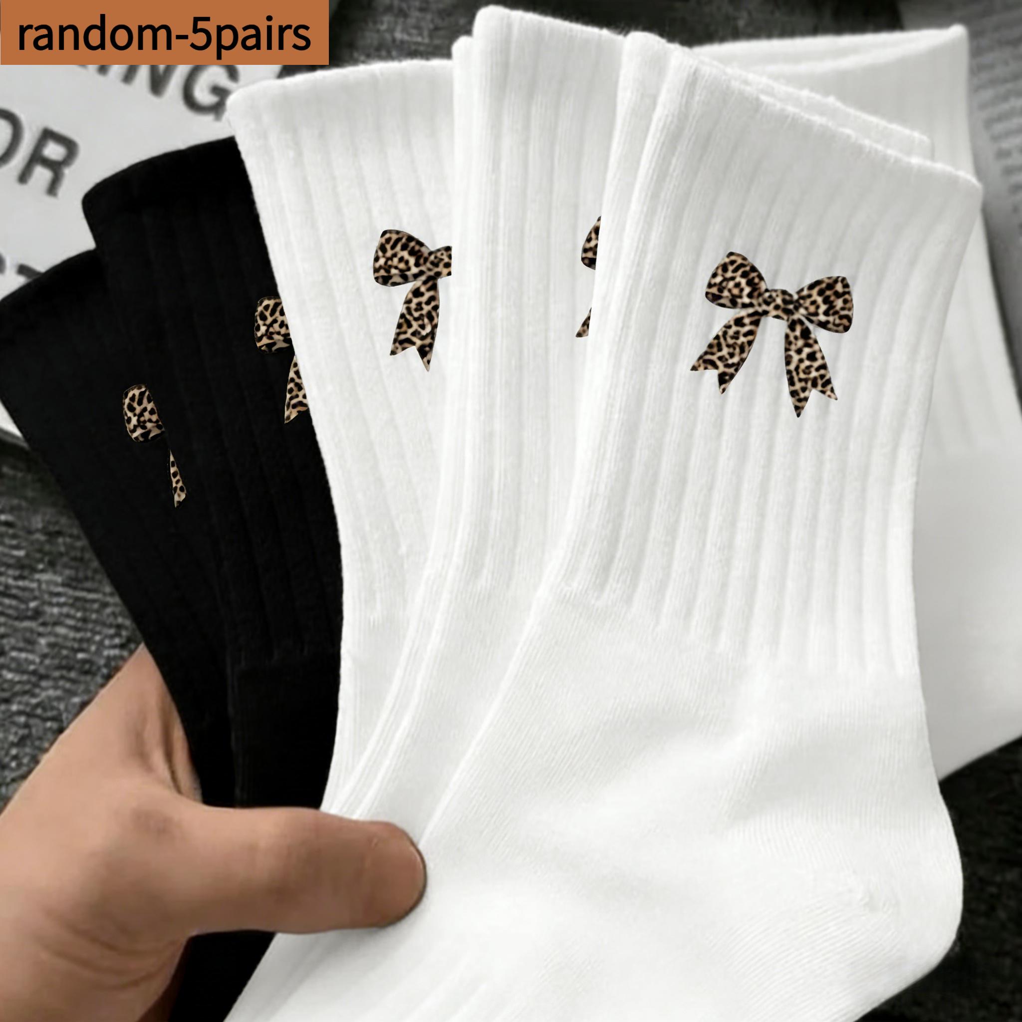 TEMU 5-pair Leopard Print Bow Black And White Mid-calf Socks | Black And White Options | Random Color Option | Sweet And Edgy Style Versatile Slouch
