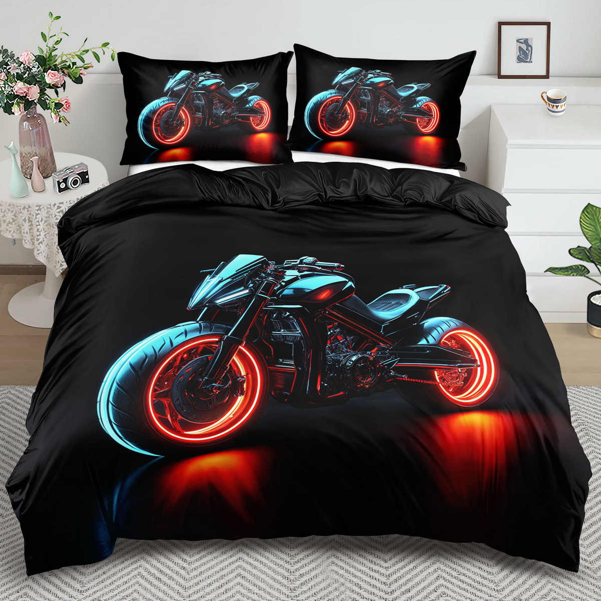 

Motorcycle Theme Set - 2/3pcs, , Comfortable And , Car Theme Printed Bedding Set, Red Motorcycle Printed Set, 100% Washable, Suitable , Suitable For Bedroom Or Including 1 + 1 Pillowcases, Does Not