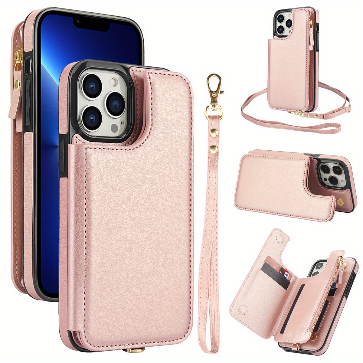 Wallet Case for iPhone 16/ 15/ 14/ 13/ 12/ 11 Pro Max 16 Plus/ 15 Plus/ 14 Plus/ 13 Mini/ 12 Mini/ 7/ 8/ SE 2020/ SE 2022 with Card Slot Holder, Magnetic Flip Folio Purse Case, Zipper Handbag with Detachable Lanyard Strap