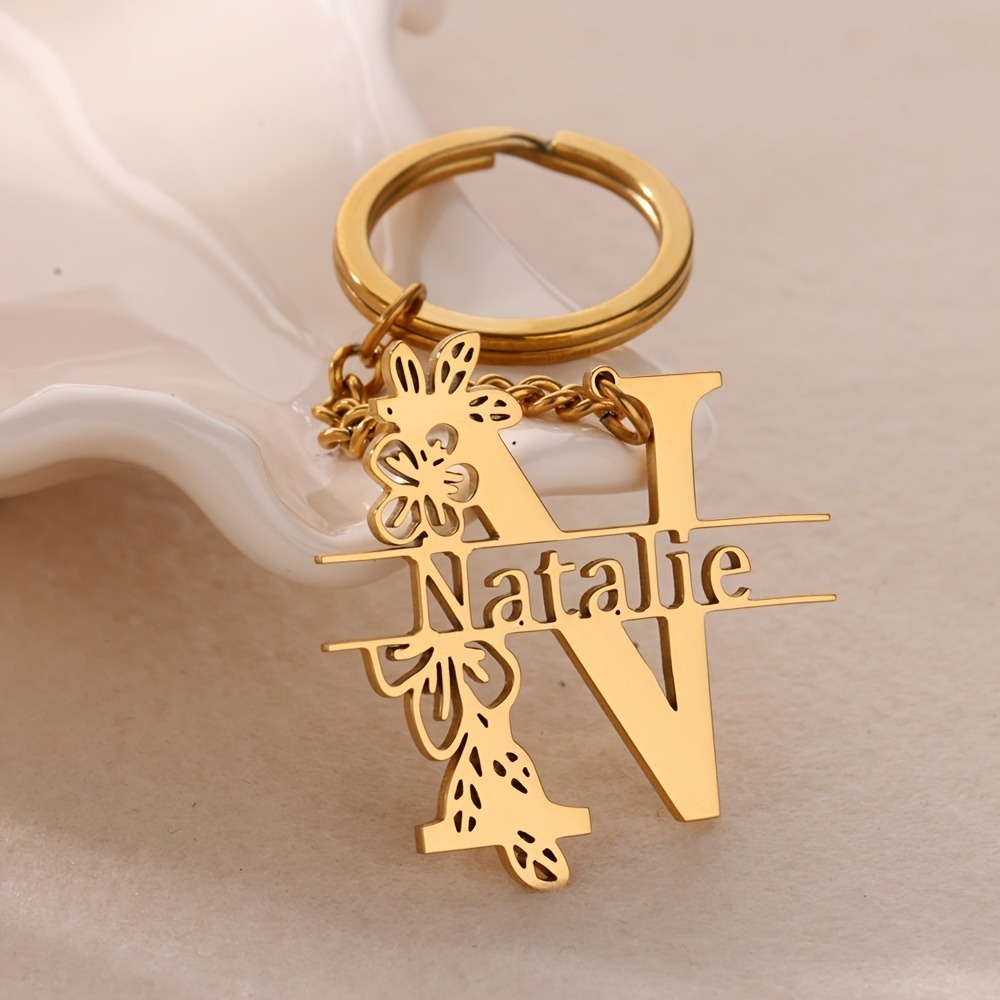 TEMU Personalized Stainless Steel Keychain - Custom Engraved Initials & Name With , Elegant Minimalist Style Durable Gift For Graduation, Christmas,