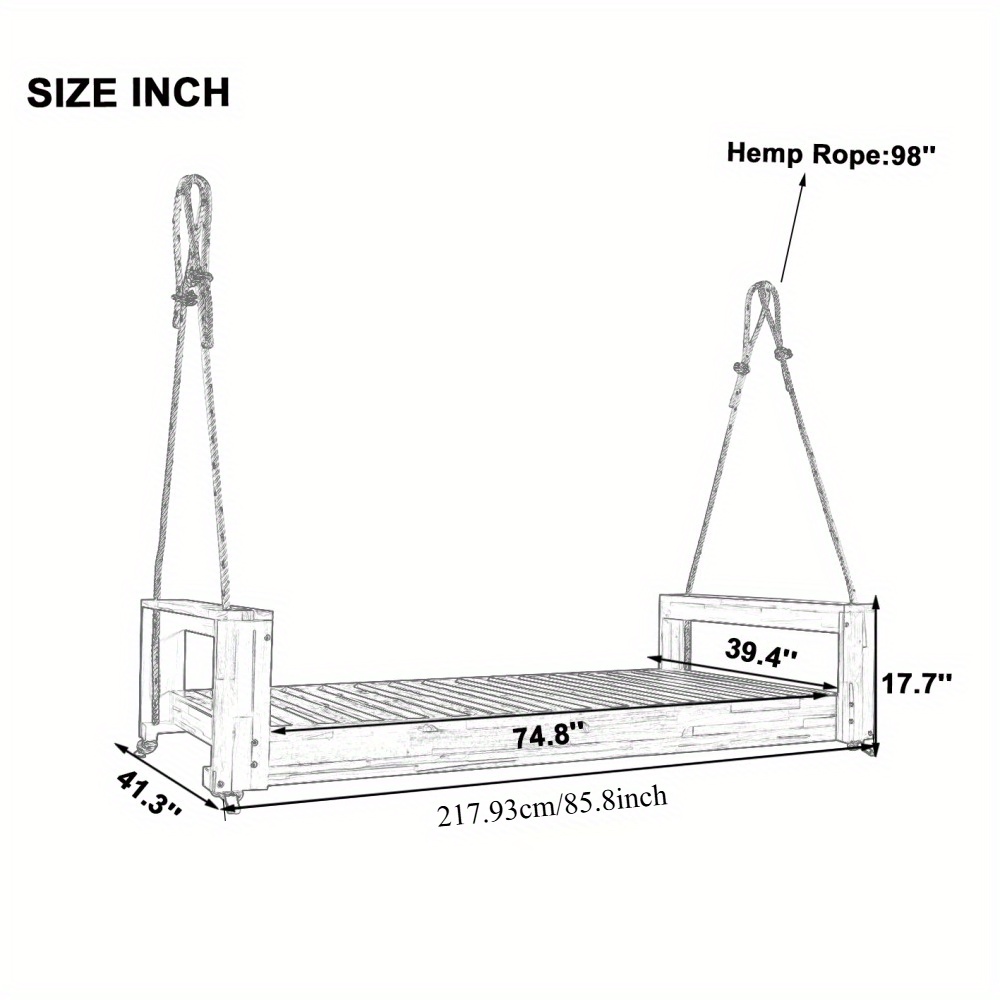 Garden seating. Swing chair. Double-sized porch swing bed seating set with hemp rope swing frame, suitable for gardens and backyards. Minimalist rustic style, ideal for courtyards and gardens. Mattress sold separately.