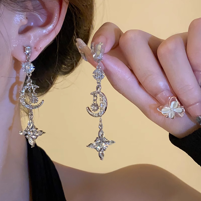 TEMU Un par de aretes de borlas de luna y estrella, lujosos, a , brillantes, elegantes, para y vacaciones