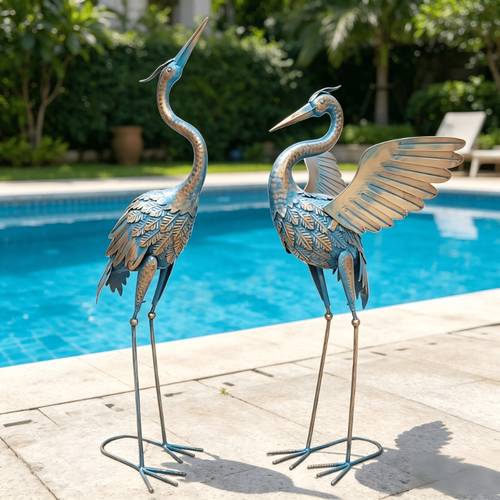 2 estatuas de grúas de | Par de piezas de artesanía de hierro independientes para decoración de exteriores, hogar y jardín, estilo , montaje en