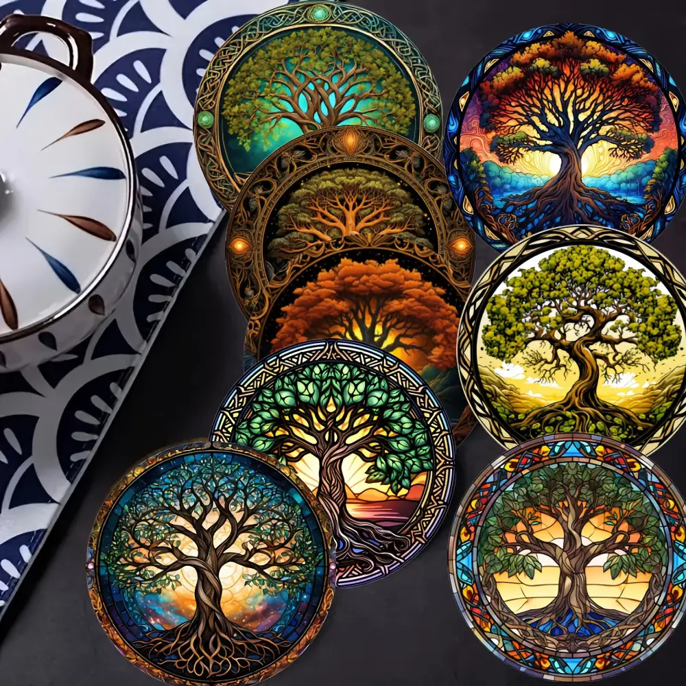 TEMU 8 pièces Sous-verres Arbre de Vie, Dessus d'assiette Résistants à la Chaleur pour Boissons et Protection des Tables, Êtres Essentiels du Bar
