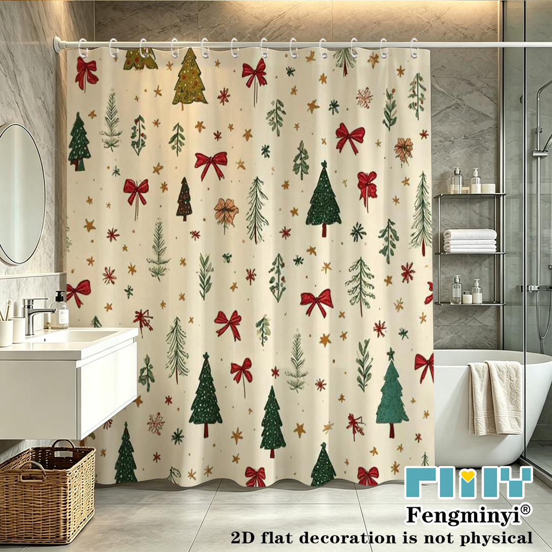 TEMU Plat 2D, Rideau de Douche Plat 2D, 1 pièce, Style de Noël Nostalgique, Imprimé Créatif avec et Nœud Rouge, Crochets Inclus, Décoration Festive