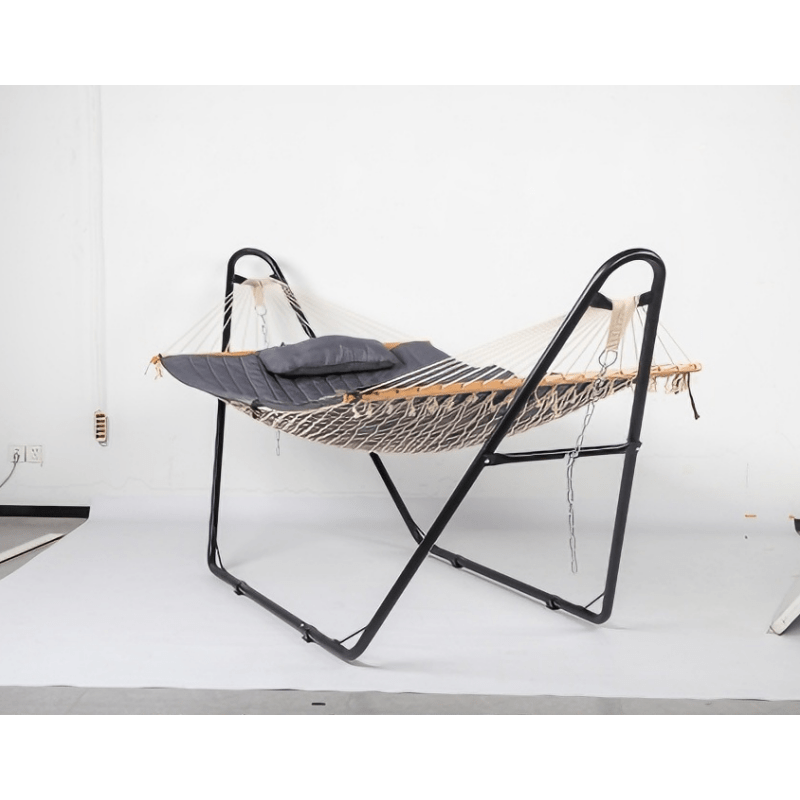 [Outdoor Camping] BABABA Heavy-Duty Iron Hammock with Stand - Large Outdoor Hanging Bed, 315x104x128cm Gray Bed Frame & Black Poles, 440lb Weight Capacity, Double-Layer Quilted Canvas Suitable for,, Balcony, Camping