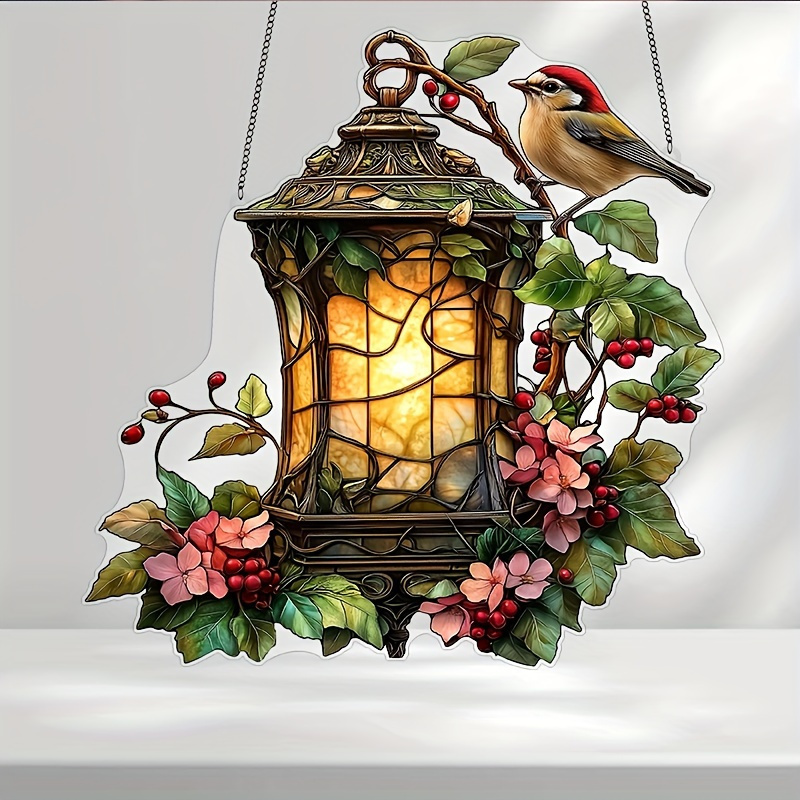 TEMU [2d Flat] A 2d Acrylic Robin With A Lantern Stained Glass Suncatcher, Measuring 5.9x5.9, Garden-themed Outdoor Decor. It Features Floral Vine