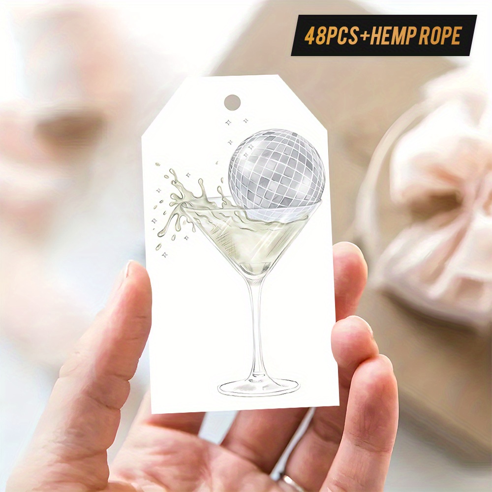 TEMU 48 stuks cadeaulabels met discothema en hennep touw - Martini-glas & spattendrank ontwerp geschikt voor feestbedankjes, nachtleven decoraties,