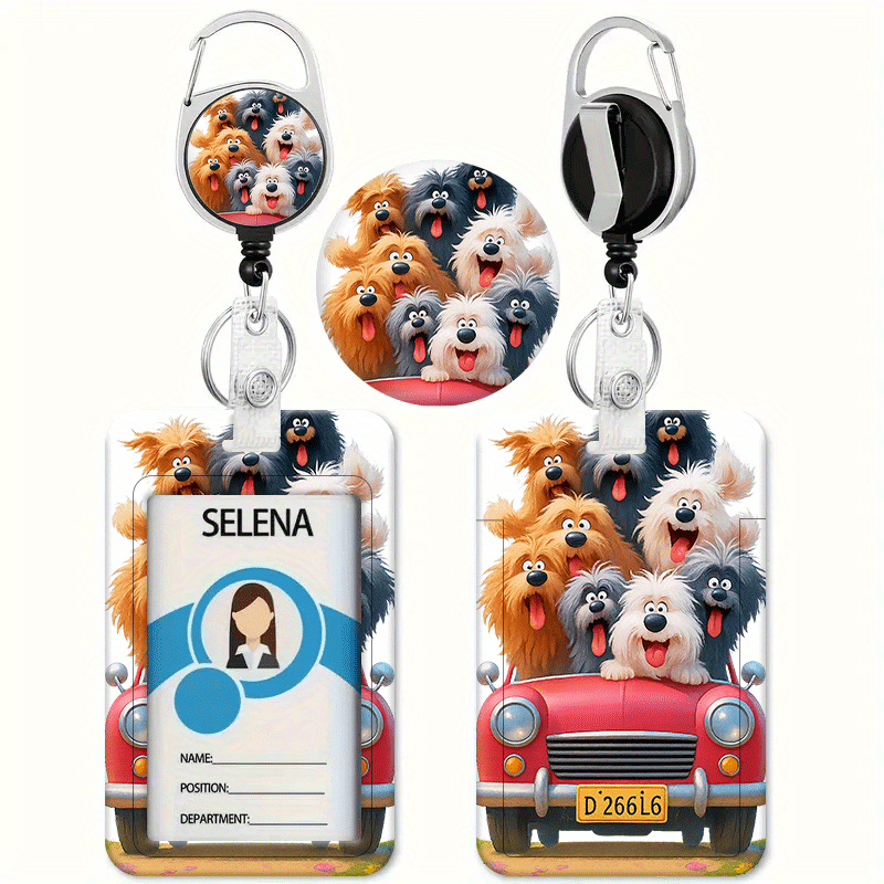 TEMU Cartoon Dog Car Car Print Lanyard With Retractable Clip - Id, Credit Card Holder For Nurses, Doctors, Teachers, Office & School Use - Compatible