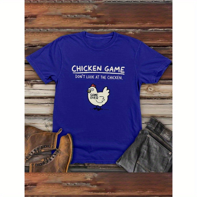 

Men's Casual Crew Neck T-shirt With "chicken Game" Print, 100% Polyester Short Sleeve Summer Top, Medium Stretch Knit Fabric, Regular Fit - H, 150gsm - Ideal For