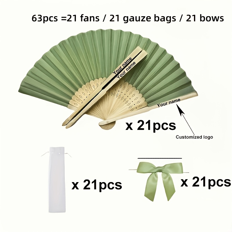 TEMU 33pcs/63pcs Personalized Wooden Wedding Fans - Engraved Names & Dates, Elegant Green Paper Folding Fan For Weddings, Baptisms, Christmas,