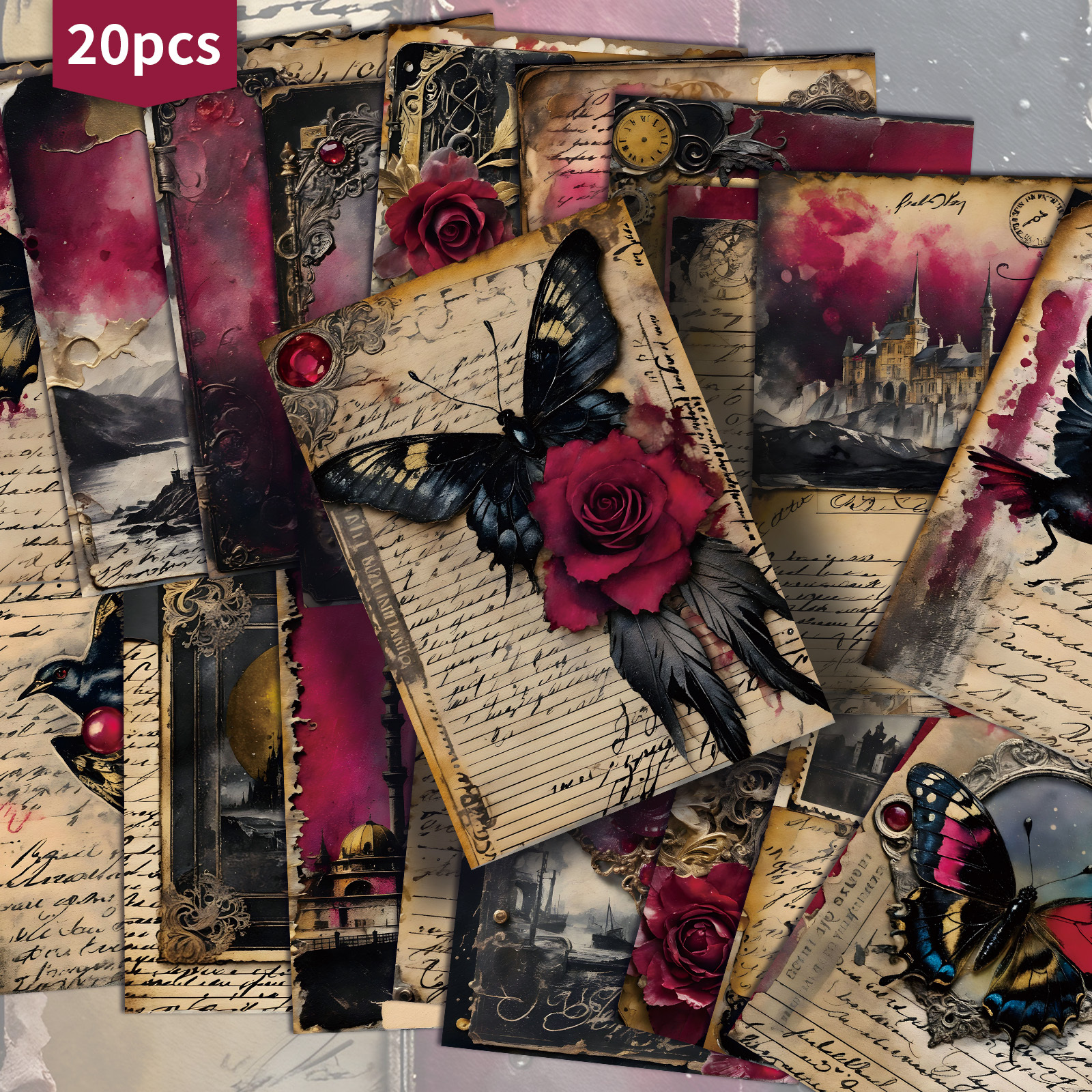 E-shop 20er-Pack Vintage Gothic Viktorianische Dunkelrote Postkarten - 4x6 Zoll Junk-Journal-Papier, Klassische -Illustrationen, Sammelbare dekorative