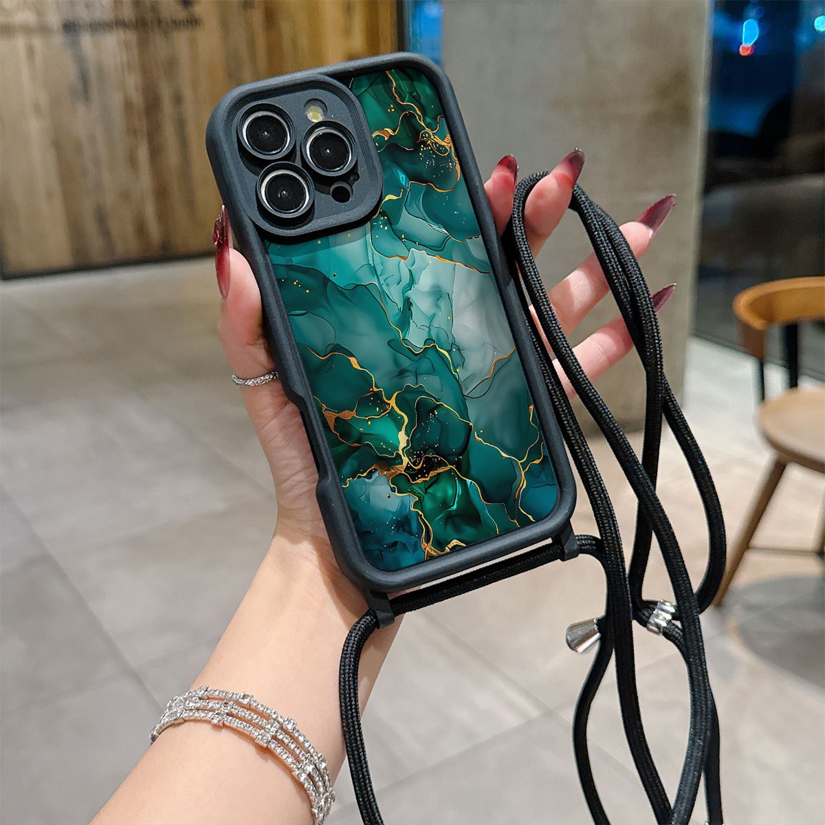 TEMU Phone Case - A Convenient Phone Case With A Multifunctional Adjustable Lanyard And Crossbody Strap, Featuring A Black Marble Pattern. This