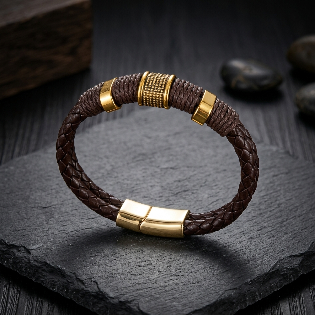 TEMU Men's Braided Pu Bracelet, Golden-tone Metal Decor Magnetic Clasp Wrist Bracelet, Vintage Fashion Jewelry For Men