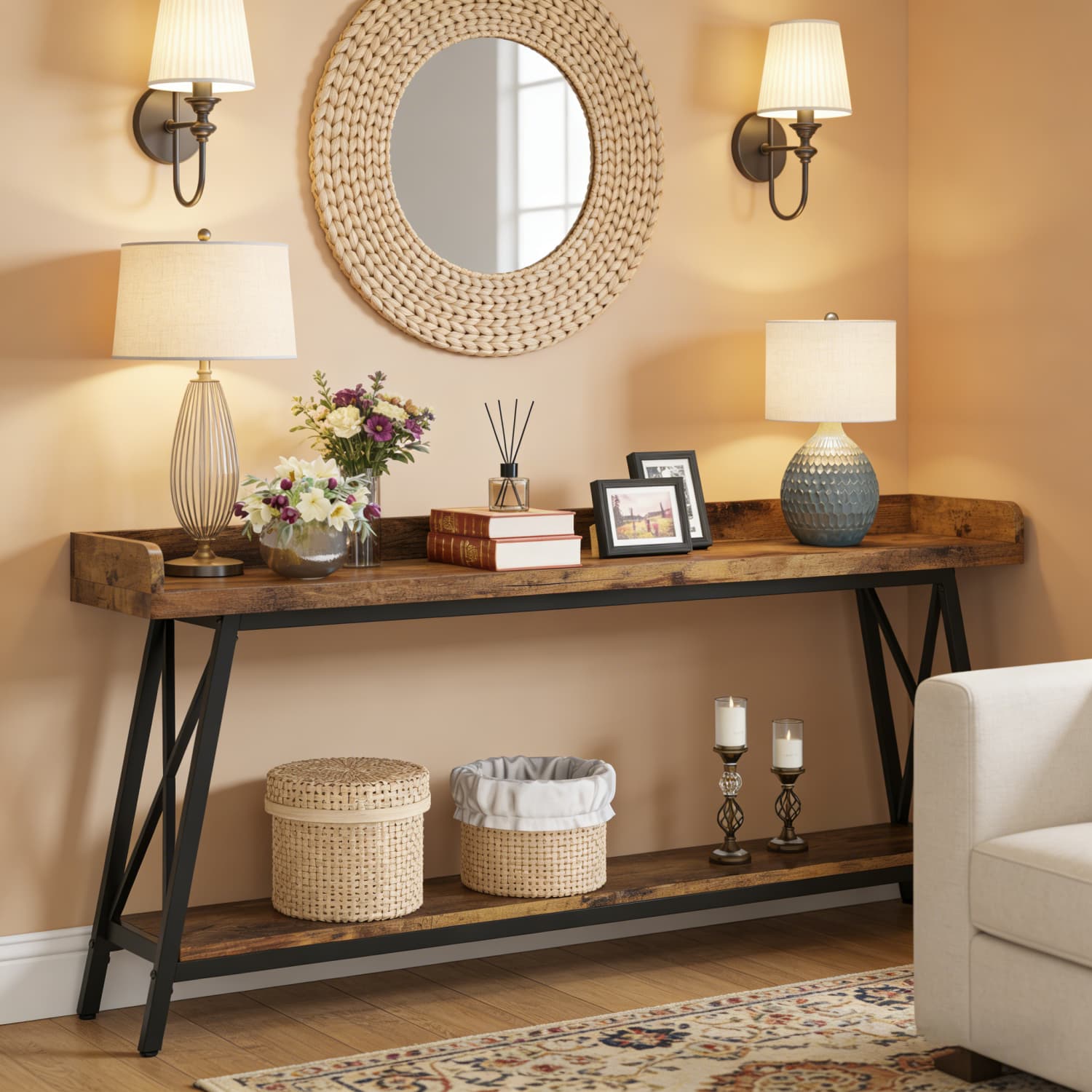Image of 70.9 Inch Extra Long Narrow Console Table Suitable For Living Room, Entryway, Hallway - Rustic Industrial Sofa Table With Wood Top & Base, Sturdy Behind Couch Table For Narrow Spaces