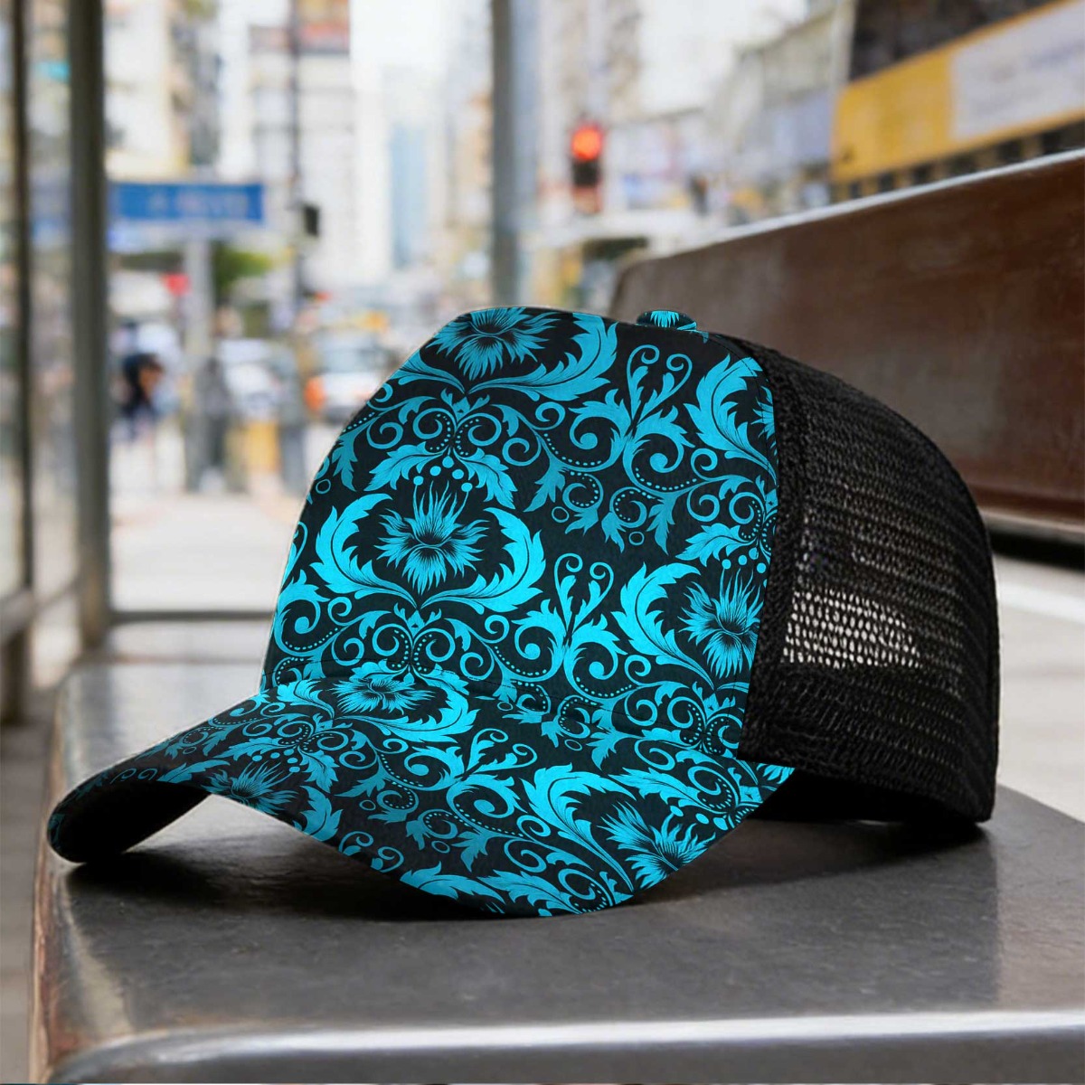 TEMU 1pc Teal Damask Print Duckbill Cap - Lightweight Polyester Unisex Hat With Semi-mesh Brim, Round Top & Curved Visor, Suitable For Casual