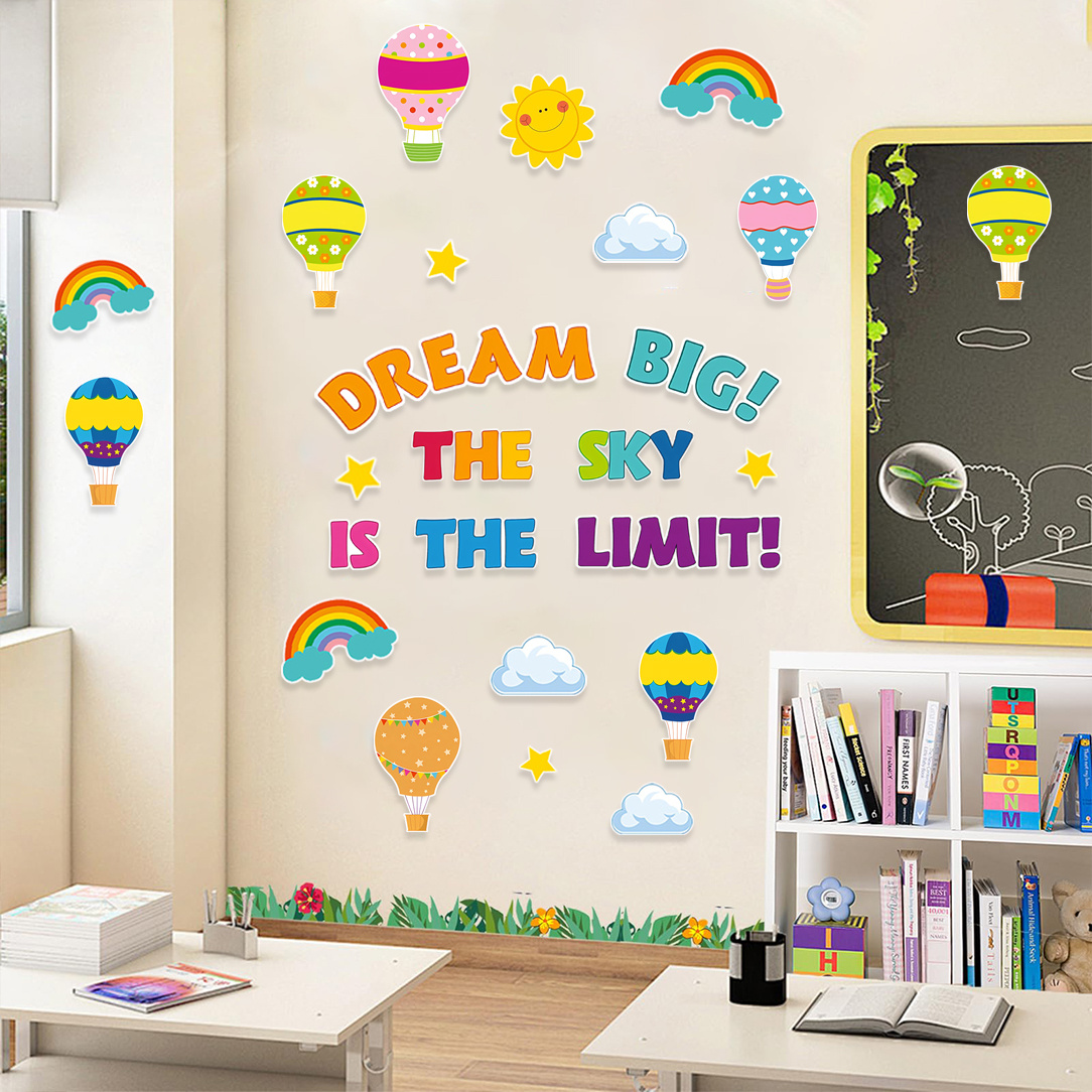 set of 23pcs featuring motivational educational wall decals with vibrant designs of hot air balloons and   ideal for decorating classrooms game rooms or parties with a back to school theme