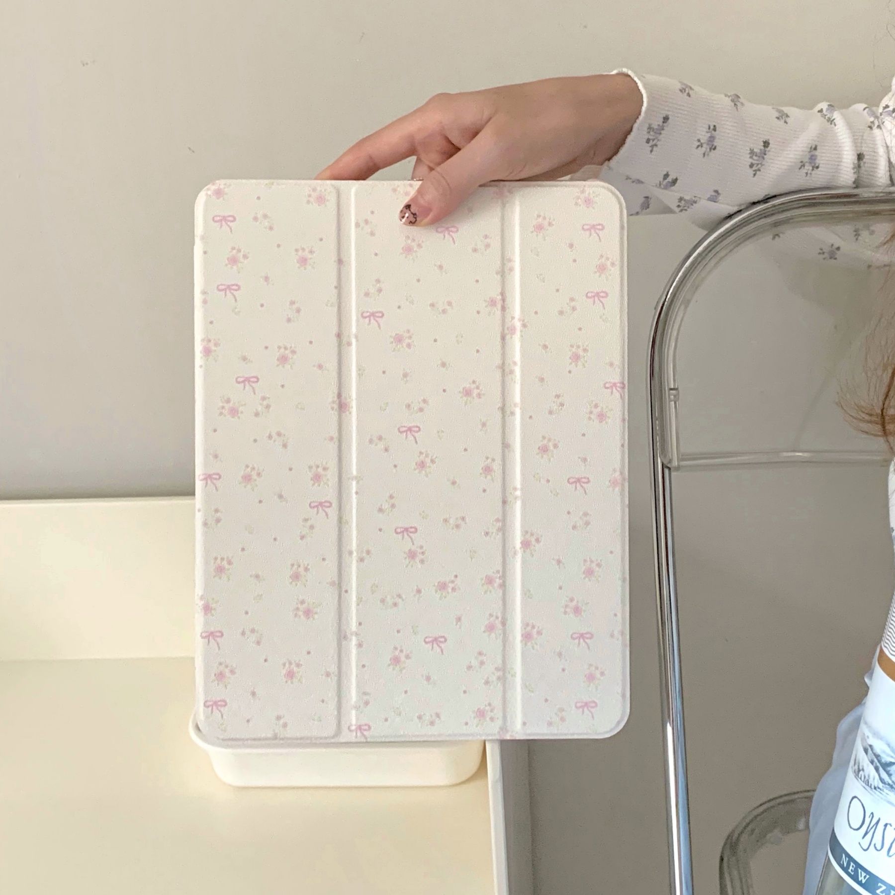 TEMU Minimalist Pink Floral Bow Mirror Cute Tablet Protective Case For Ipad 11th Generation Tablet Case Pro2025 New Cute 10th Generation /6 With Pen
