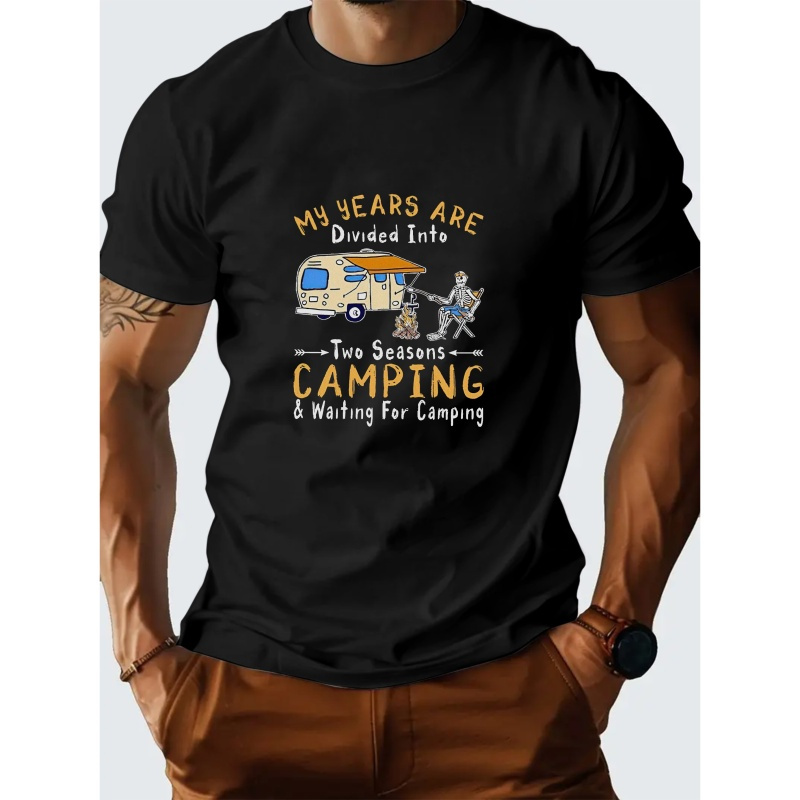 

Men's Casual Short-sleeve T-shirt With Unique Camping Print - Breathable Polyester, Crew Neck, Summer , Patterns, Printed Tops