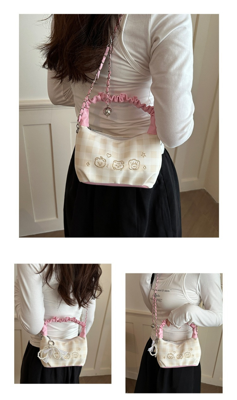 Plaid Ruched Handle Hobo Bag With Pearl Bow And Chain Shoulder Bag_voghion.com