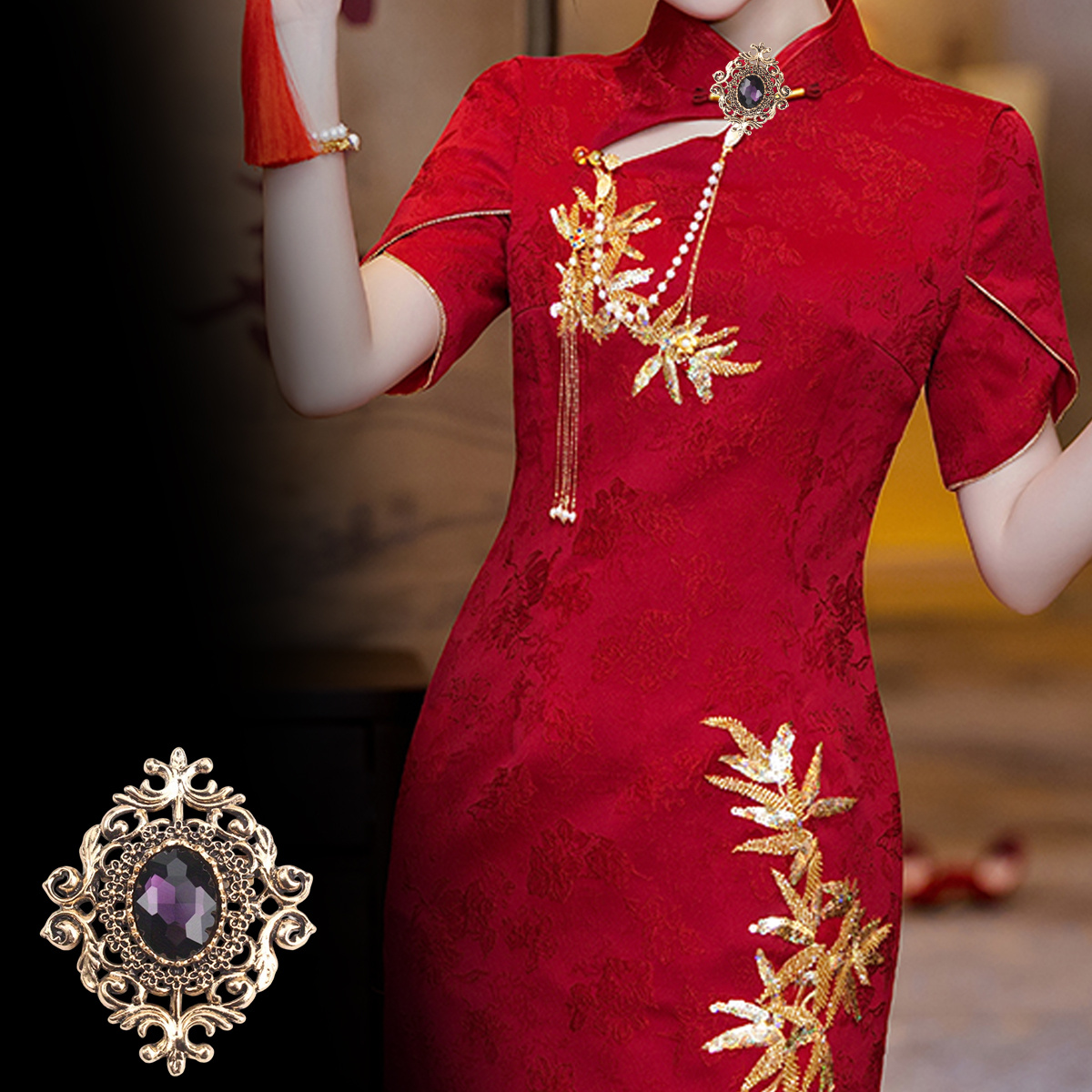 Image of Vintage-inspired Golden Brooch Featuring A Purple Gemstone, A Sophisticated Lapel Pin, Perfect As A Gift For Women