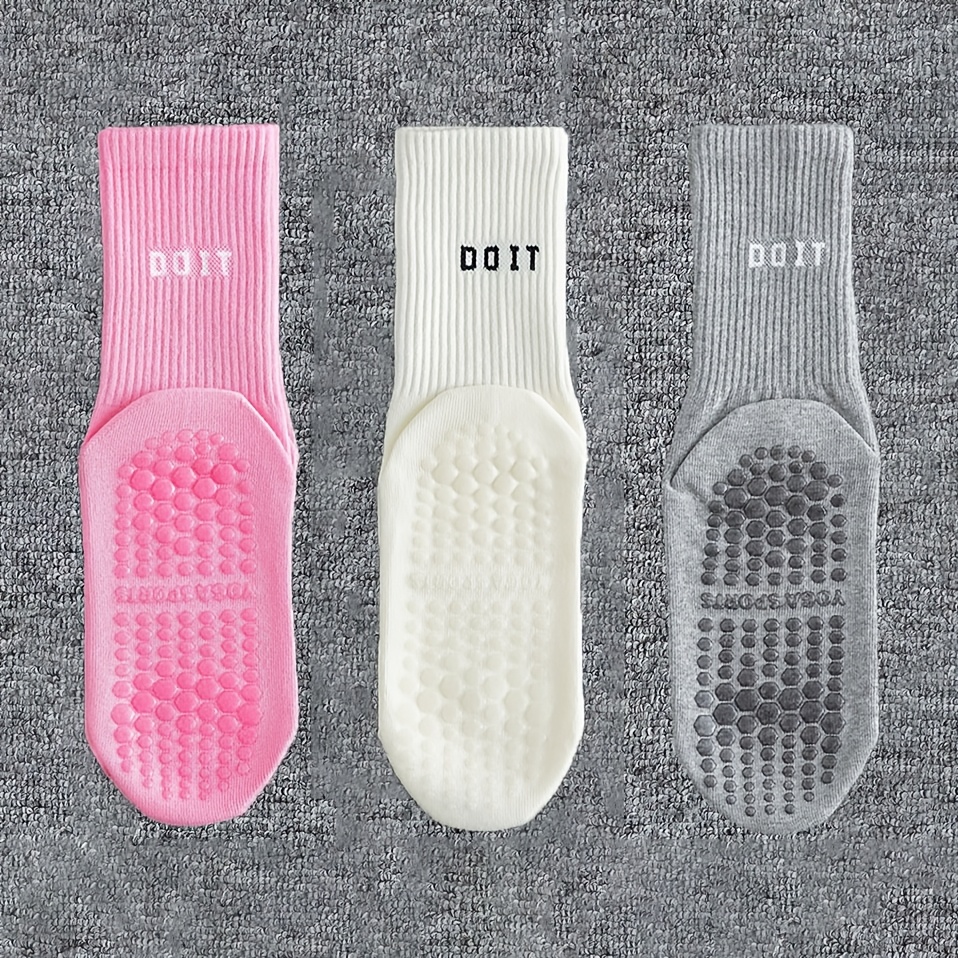 E-shop 3er-Pack Weiß + Rosa + Grau Damen Alltags-Yoga-Socken, Fitness-Bodensocken, Sport-Socken, Feuchtigkeitsableitende Atmungsaktive Socken,