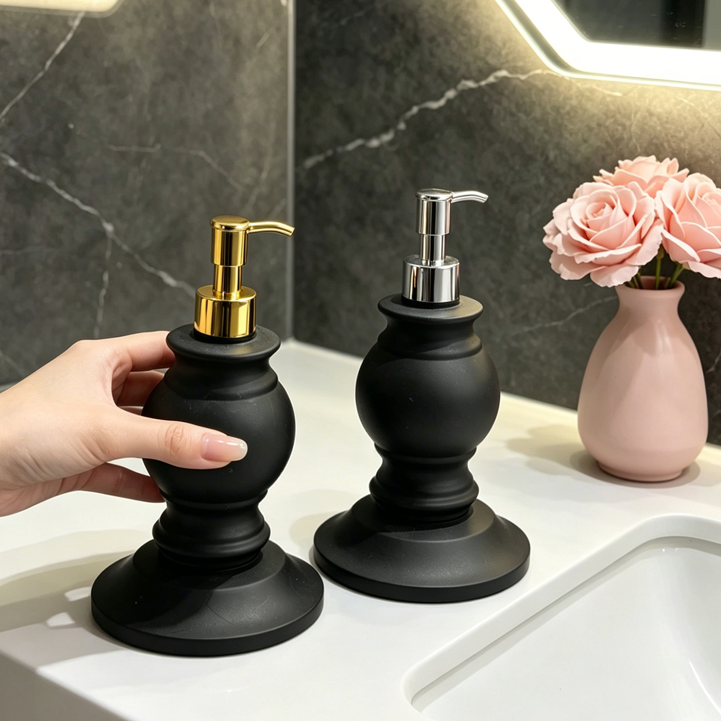 Luxury European Vintage Roman Column Soap Dispenser, Matte Black Push-Type, High-End Bathroom Liquid Hand Soap Pump Bottle, Suitable for Hotel and Home Decor