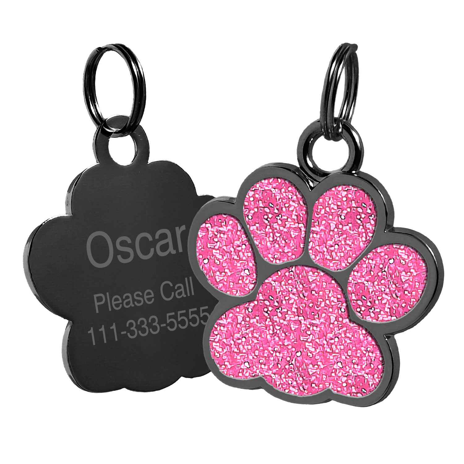 TEMU Shimmering Glitter Paw Print Pet Id Tag, Dual-size Black-base Single-sided Engravable Contact Badge For All Dog Breeds Durable Pet Tag