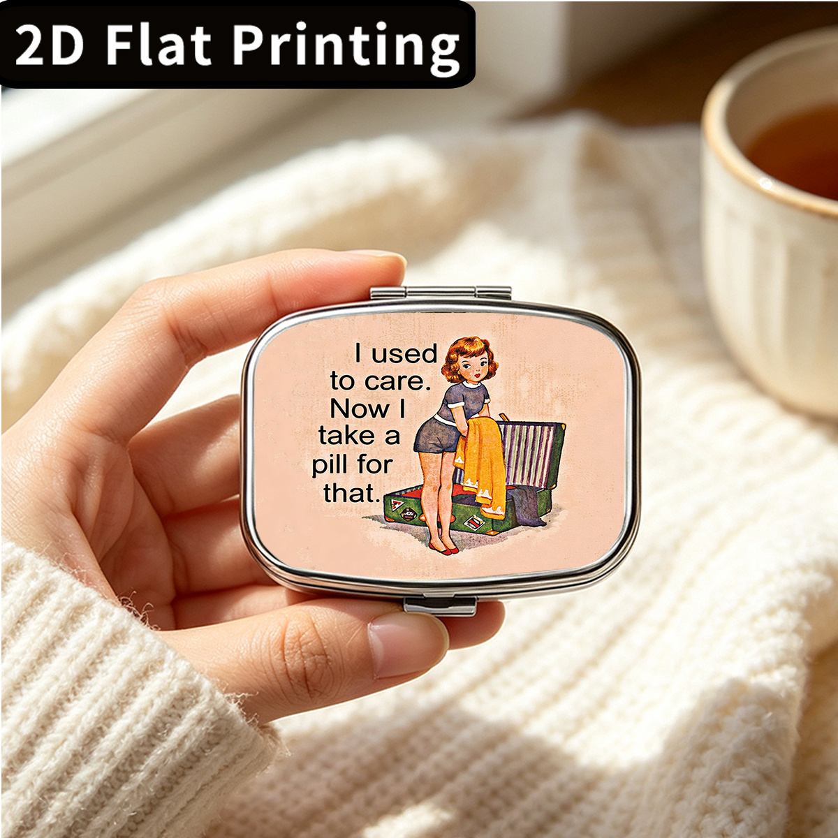 TEMU [2d Flat Printing] 1 Suitcase-themed Metal Pill Box - Compact 2-compartment Medicine Organizer, Perfect For Travel, Pocket, And Wallet, Pocket