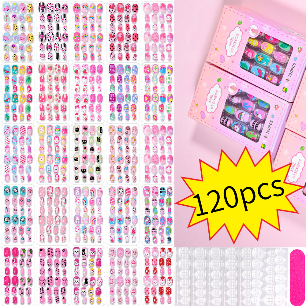 120pcs   pink cute cartoon press on nails   cartoon press on   nail set 120pcs shiny long oval tip   nail set full coverage short cute   nails suitable for holiday occasions and travel party nail art decoration nail stickers