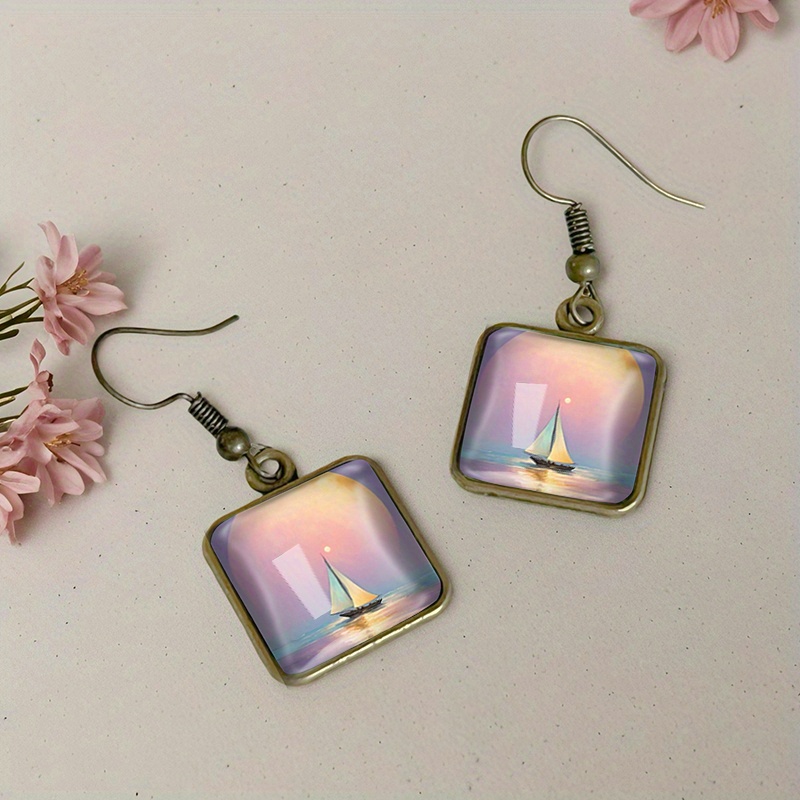 Vintage Square Earrings with Sunrise Sailboat Design