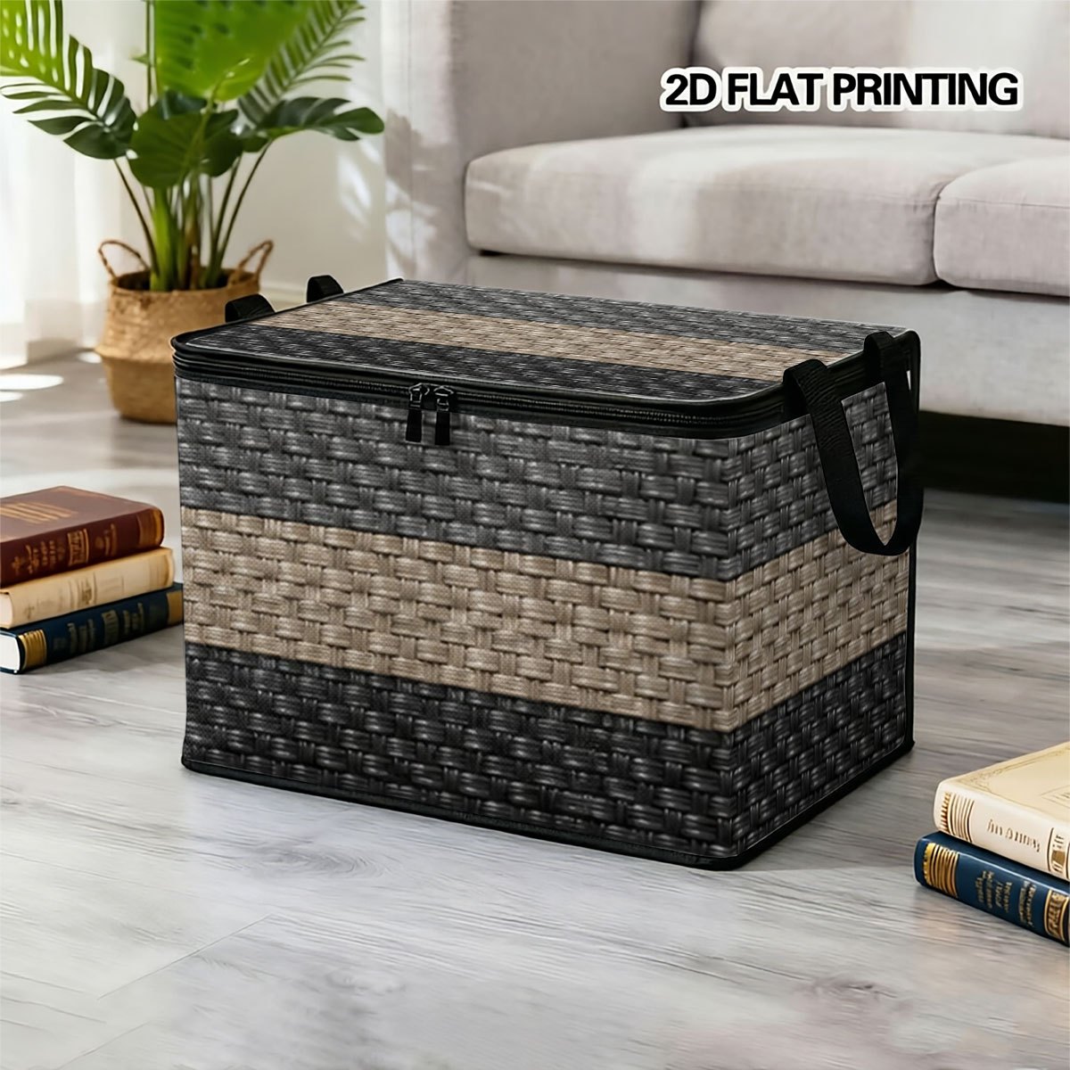 TEMU 1pc Large Foldable Zippered Storage Box, Dark Gray And Light Three-color Horizontal Stripe Woven Texture 2d Printed Pattern Gift, High-end Style
