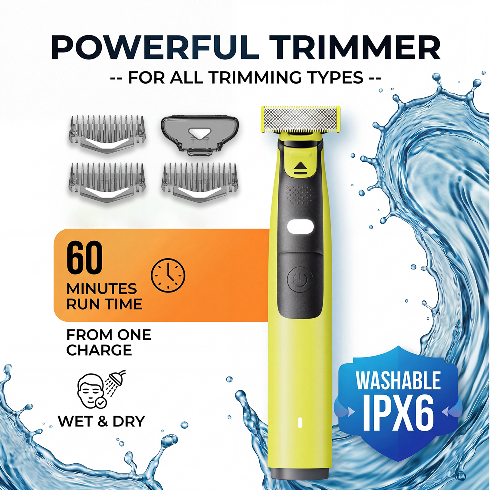 item picture Men s Electric Shaver with Nose Trimmer Head, LED Light, USB-C Rechargeable, IPX6 Manscaping Trimmer for Face, Beard, and Groin, 6 Combs (1-6mm), Cap, Travel Bag, Compatible with QP Series