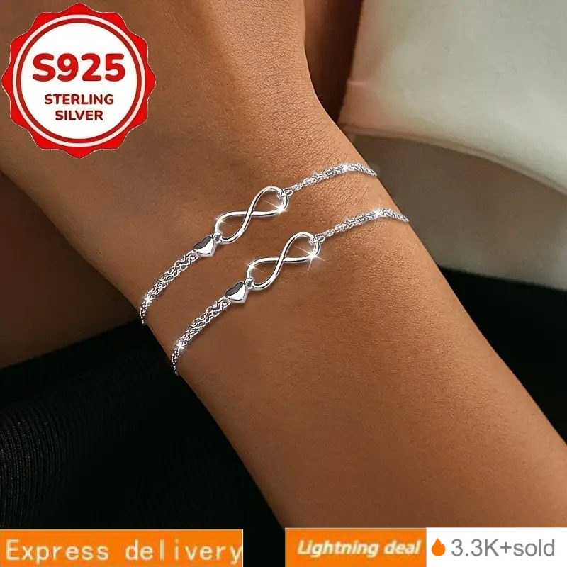 2pcs 925 Silver Infinity Symbol Bracelet Set, Eternal Love