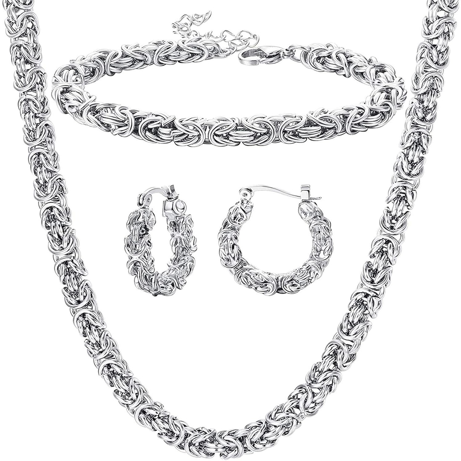 TEMU Jewelry Set For Women Including A Necklace, Bracelet, And Earrings Made Of Stainless Steel In A Byzantine Chain Design