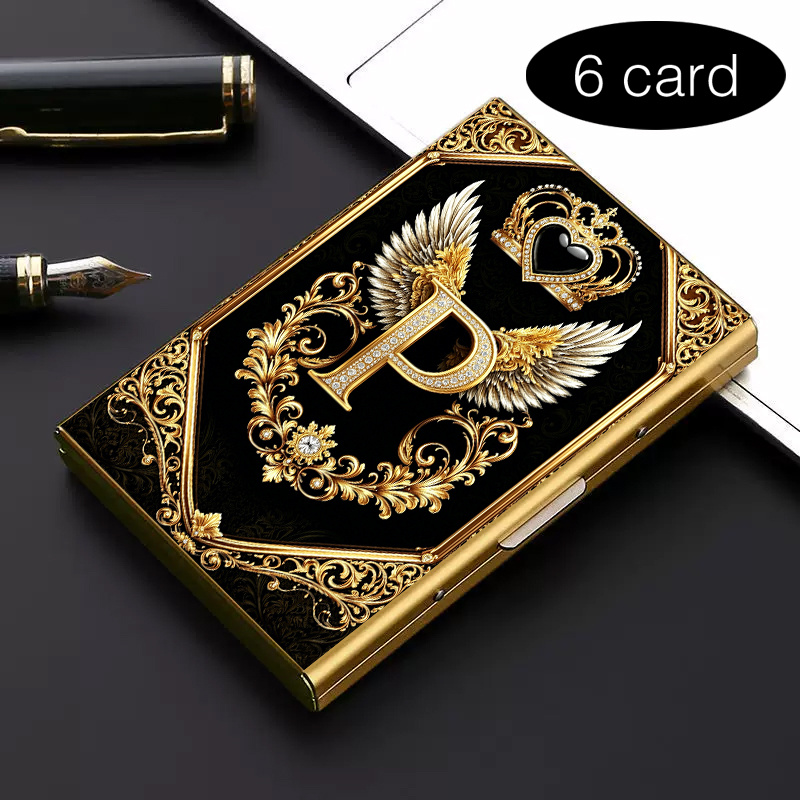 TEMU Metal Rfid Anti Theft Card Holder 2d Printed Royal P Golden Stylish Black Metal Wallet With Multi Compartment Design Perfect Gift For Father S