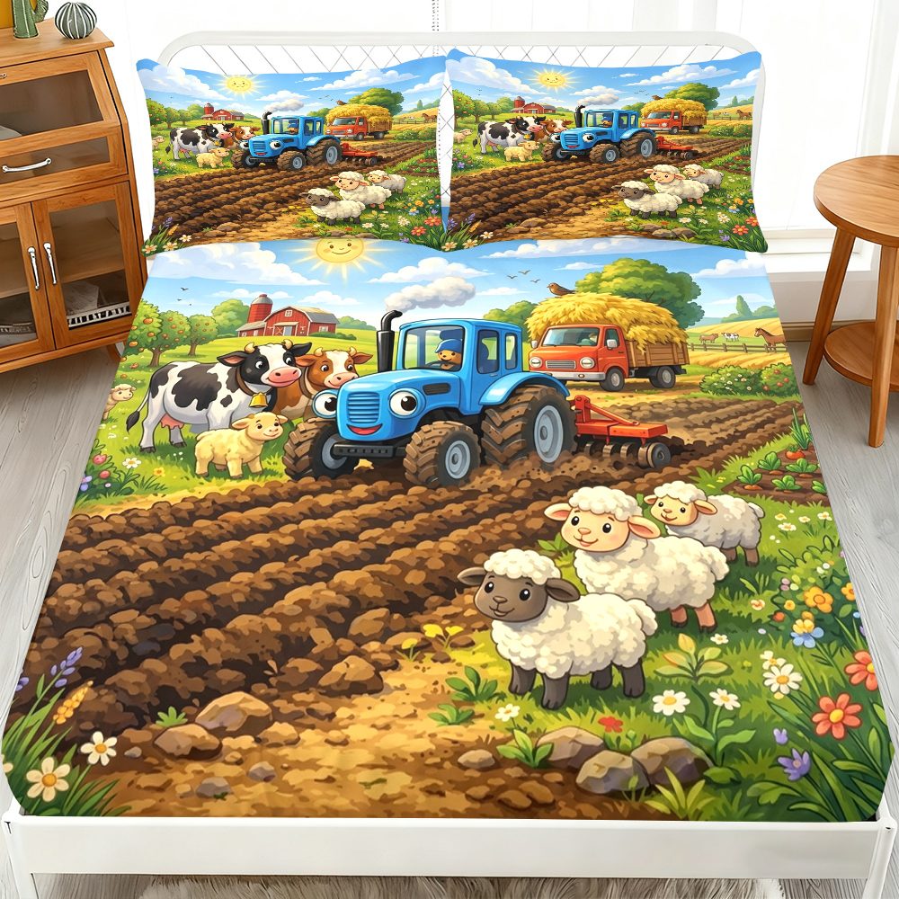 TEMU 3pcs Farm Animal Tractor Scene Fitted Sheet 3pcs Set (1*fitted Sheet 2*pillowcases, ), Rustic Theme, Colorful Bedding, Mattress Protector Soft,